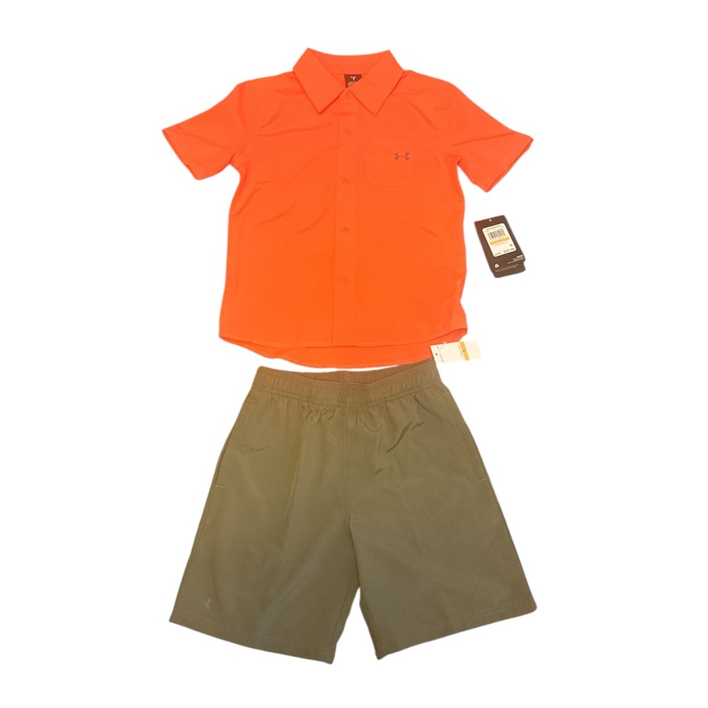 NWT Under Armour Kids Bright Orange Button Down Shirt and Tan Shorts
